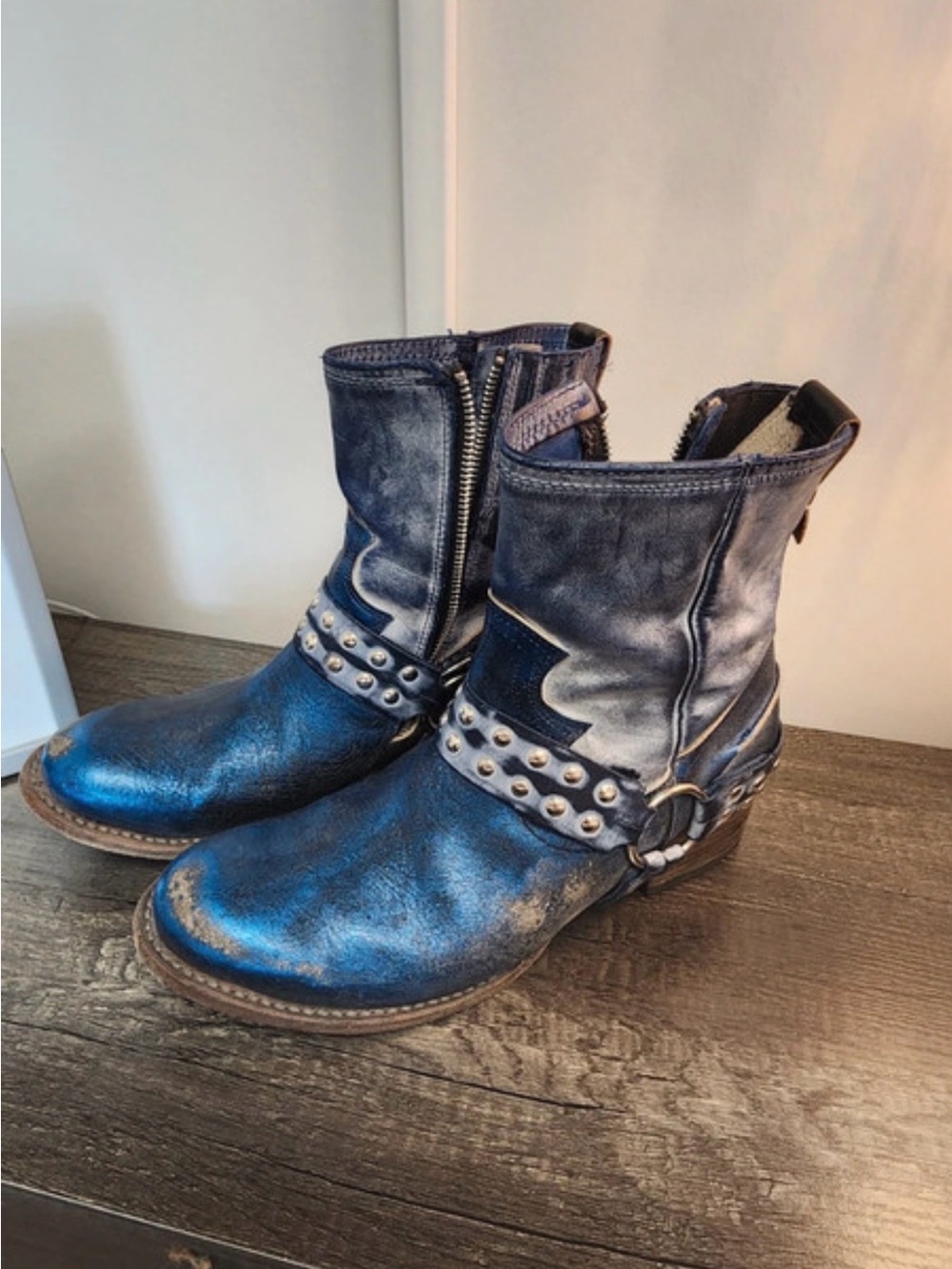 Freebird Studded Blue Leather Ankle Boots - Women's